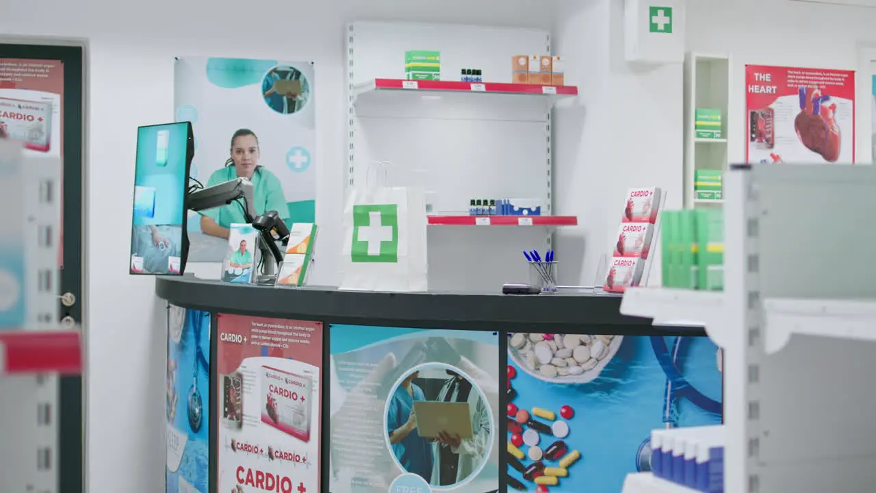 Empty drugstore filled with nutrients and medical supplies