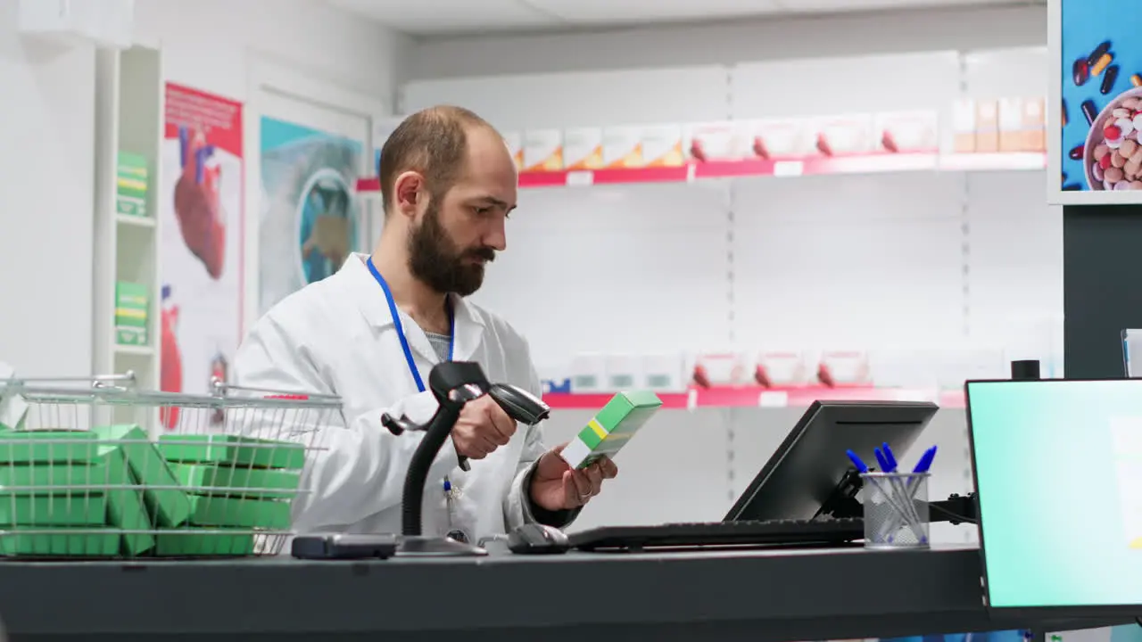 Medical retail clerk scanning supplies to register new stock