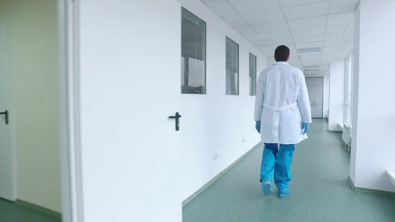 Scientist walking lab corridor Back view of doctor walking hospital corridor