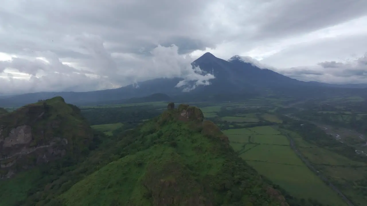 Panorama view of Fuego vulcano during a cloudy day aerial