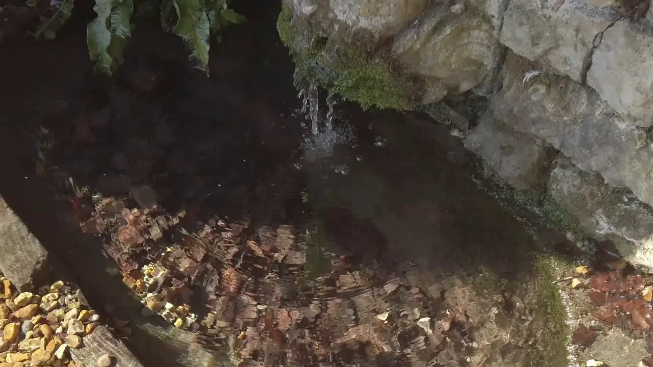 Water running out of an old stone wall in to a small pond