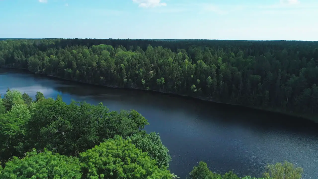 Drone moving forward along a Swedish dark blue river surrounded by green forest on a summer day