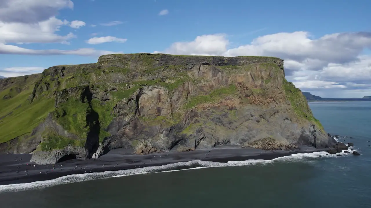 Aerial Flying Towards Beach Reynisfjara Cliffs On Clear Day In Iceland