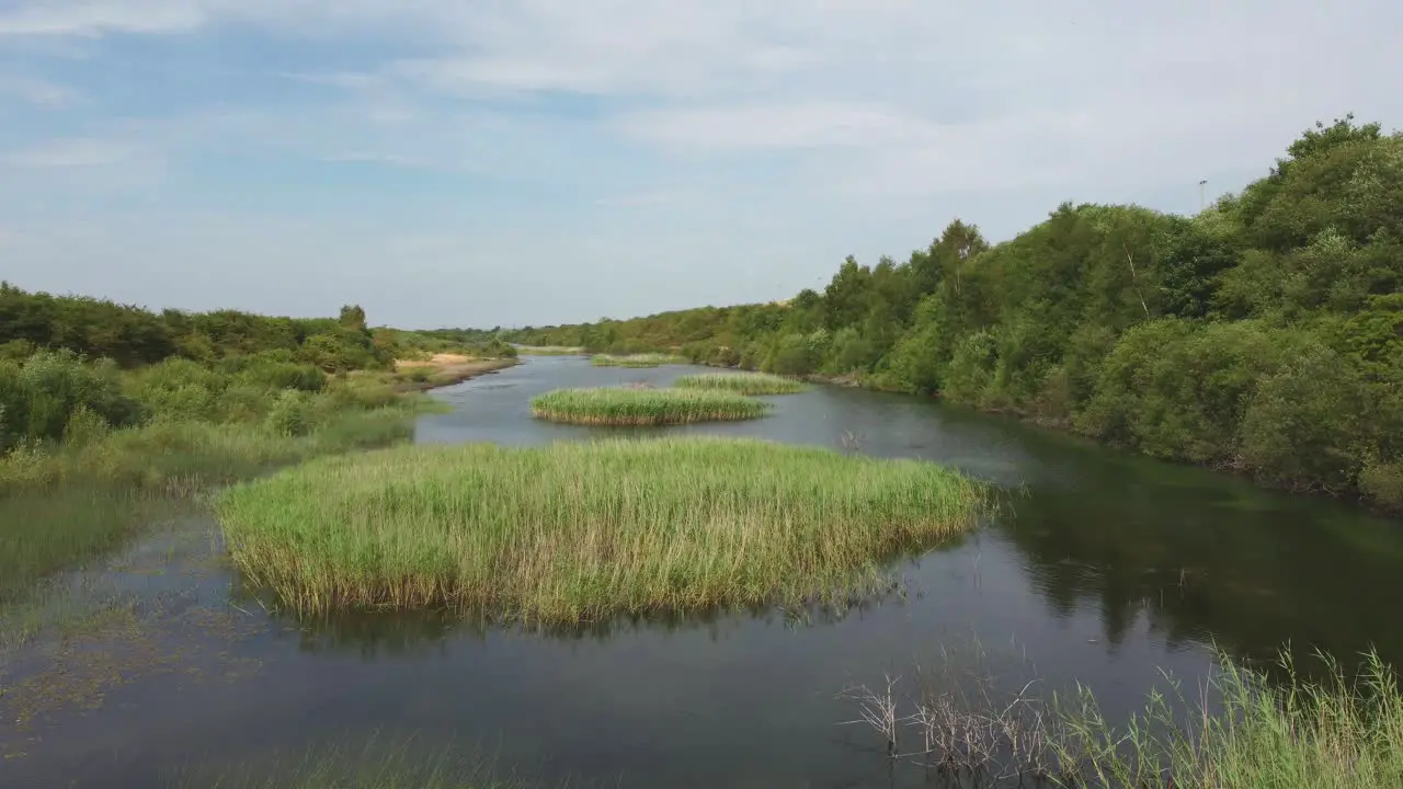 A flight over a large lake in the countryside during summertime