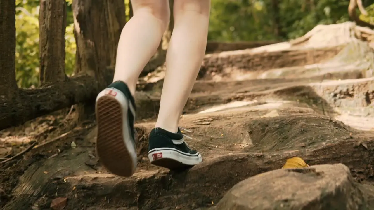 Close up feet walking through green forest and nature in national park