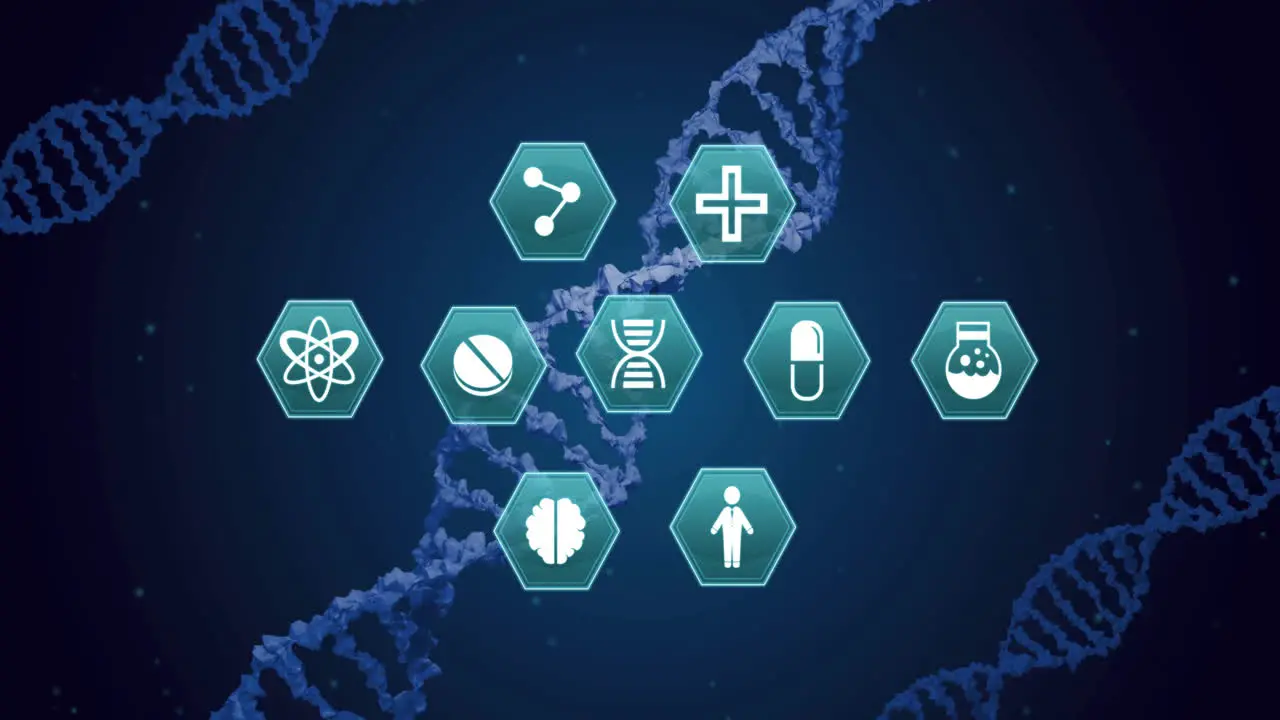 Animation of medical icons over dna on blue background