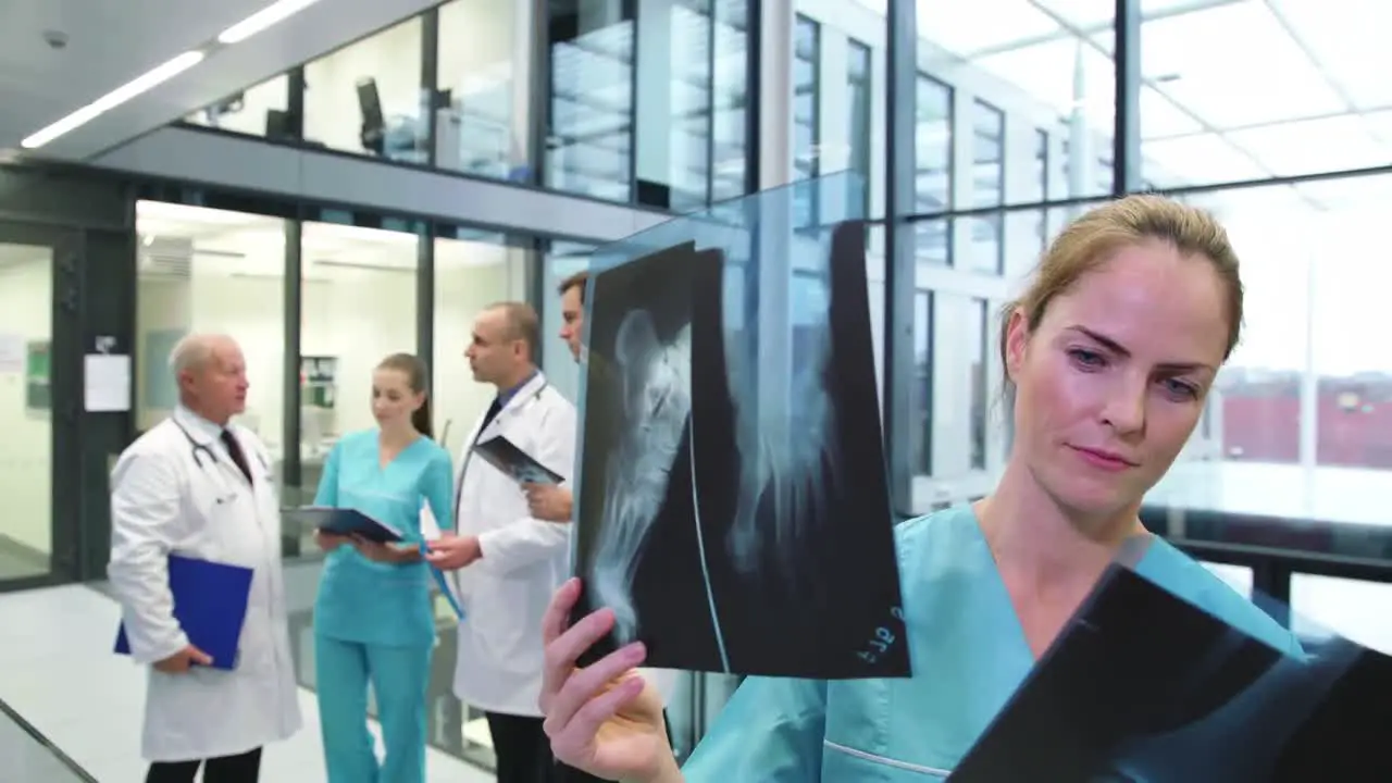 Nurse examining x-ray report in corridor