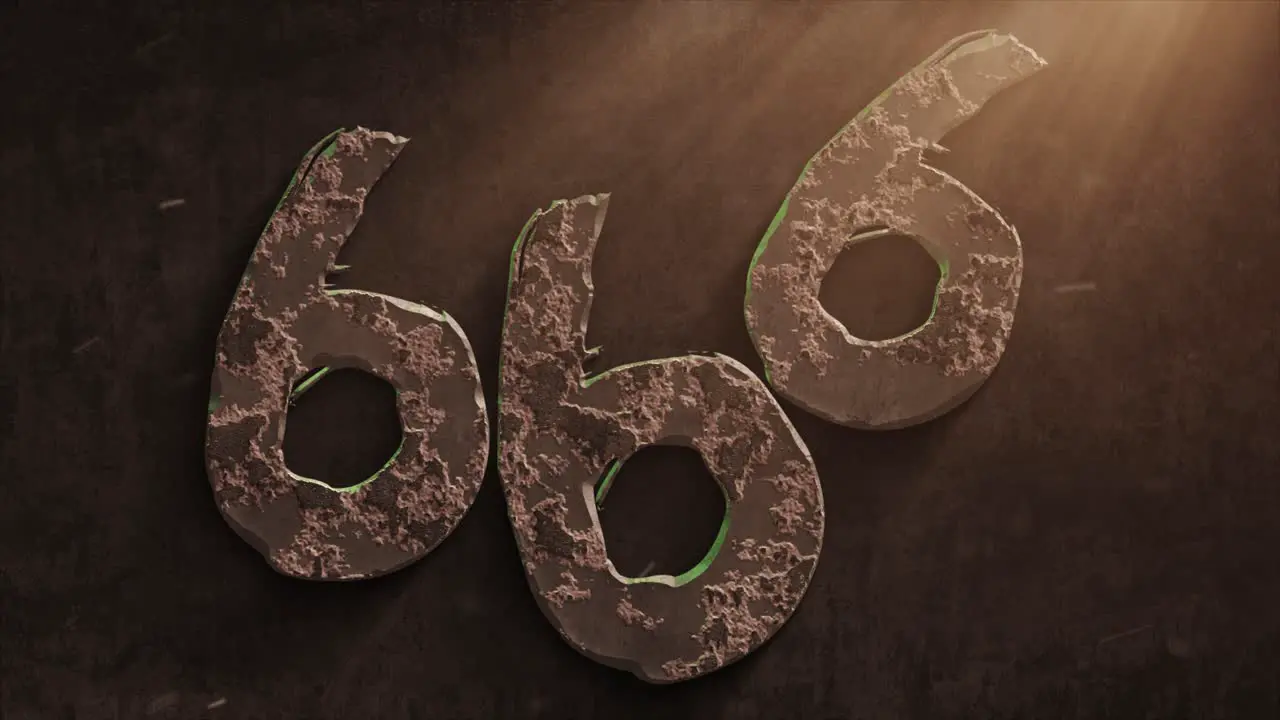 High quality dramatic motion graphic of the devil's 666 symbol rapidly eroding and rusting and decaying with warm atmospheric light rays and dust motes