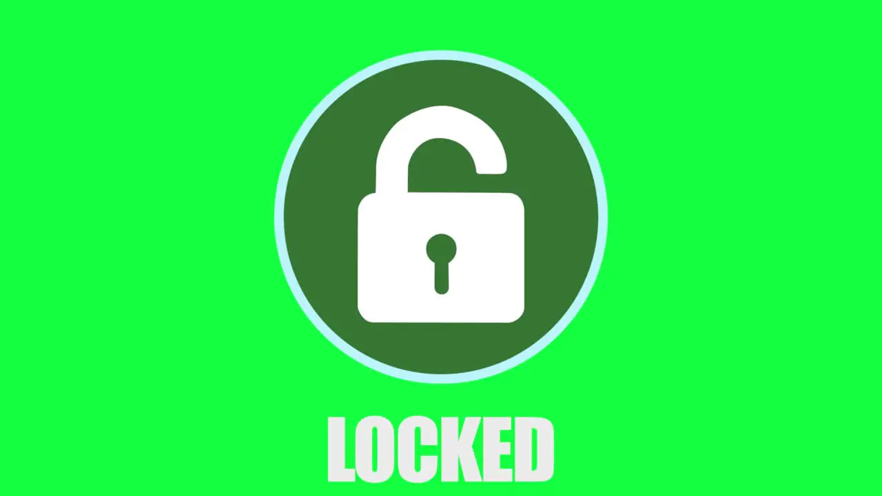 Clever motion graphic element of a circular system security logo with padlock being hacked and unlocked turning from red to green with locked unlocked text on a green background for chroma keying