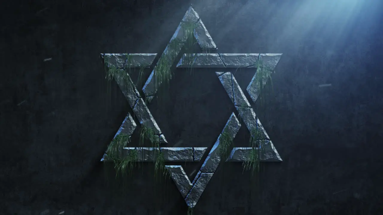 High quality dramatic motion graphic of the Jewish Star of David icon symbol rapidly eroding and cracking and sprouting moss and weeds with atmospheric light rays and dust motes