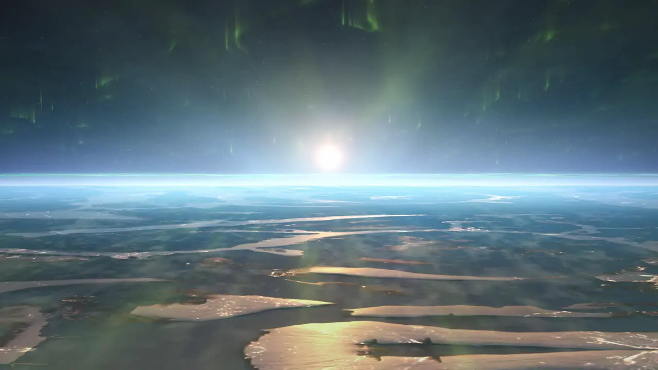 Wide shot of Planet Earth horizon atmosphere from space with auroras