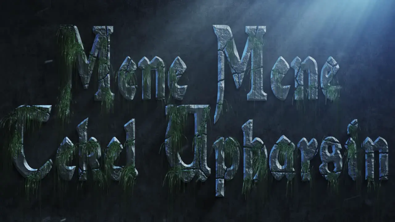 High quality dramatic motion graphic of the biblical wall text Mene Mene Tekel Upharsin rapidly eroding and cracking and sprouting moss and weeds with atmospheric light rays and dust motes