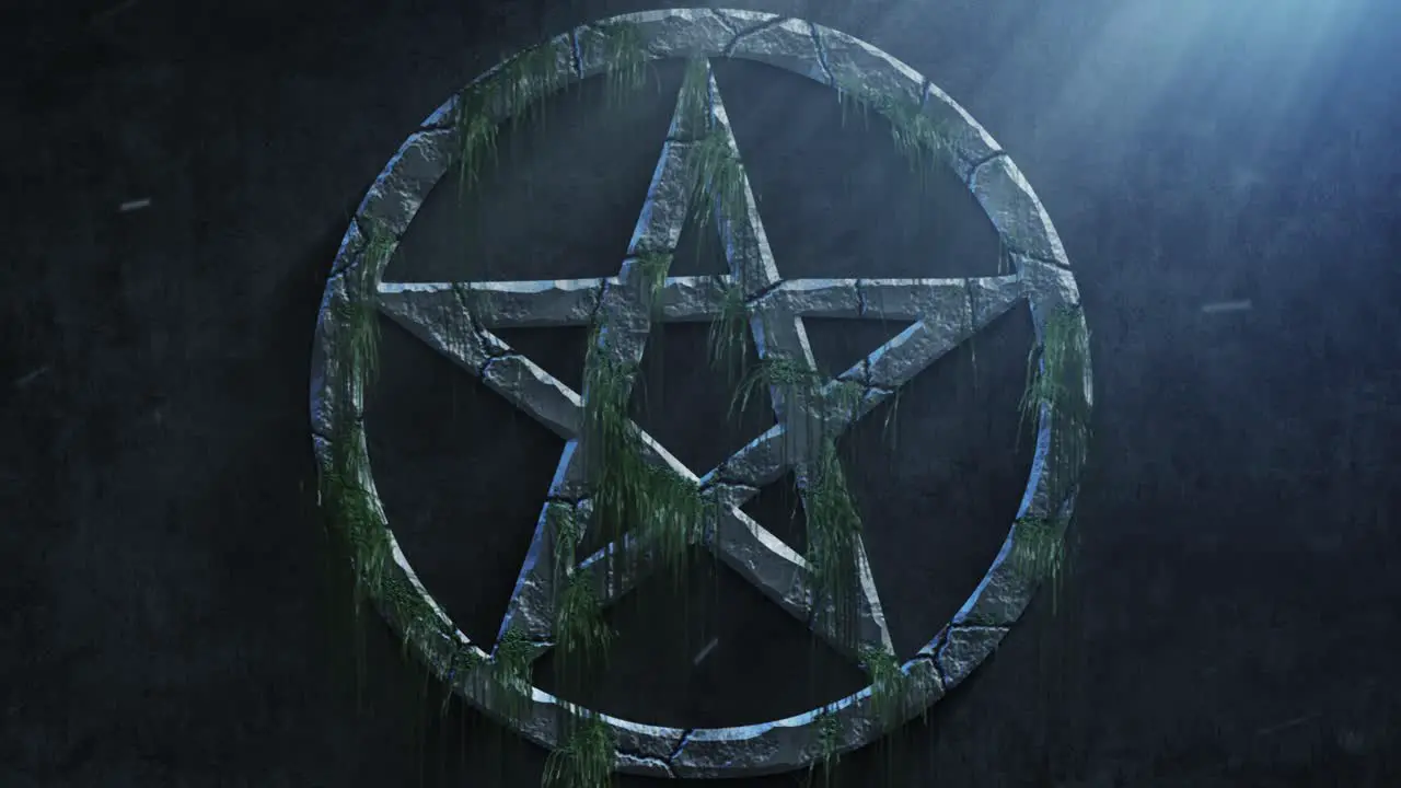 High quality dramatic motion graphic of a Satanic pentacle icon symbol rapidly eroding and cracking and sprouting moss and weeds with atmospheric light rays and dust motes