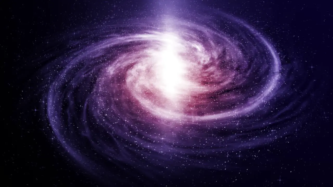 Beautiful and stunning 3D CGI simulation of a spectacular red and purple spiral galaxy spinning in space trailing diamond-like stars