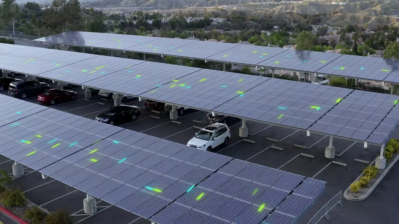 Electricity moving through solar panel at a photovoltaic EV shelter VFX animation