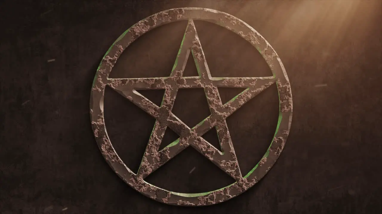 High quality dramatic motion graphic of a Satanic pentacle icon symbol rapidly eroding and rusting and decaying with warm atmospheric light rays and dust motes