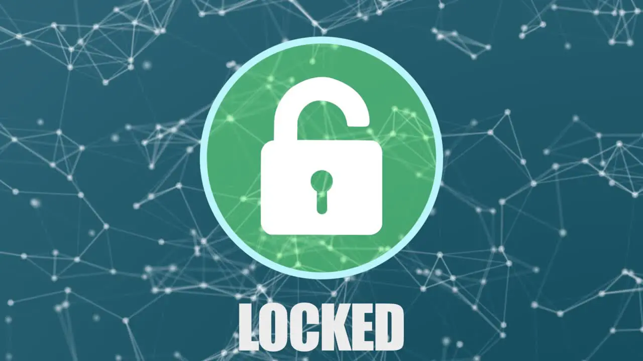 Clever motion graphic element of a circular system security logo with padlock being hacked and unlocked turning from red to green with locked unlocked text on a plexus style background