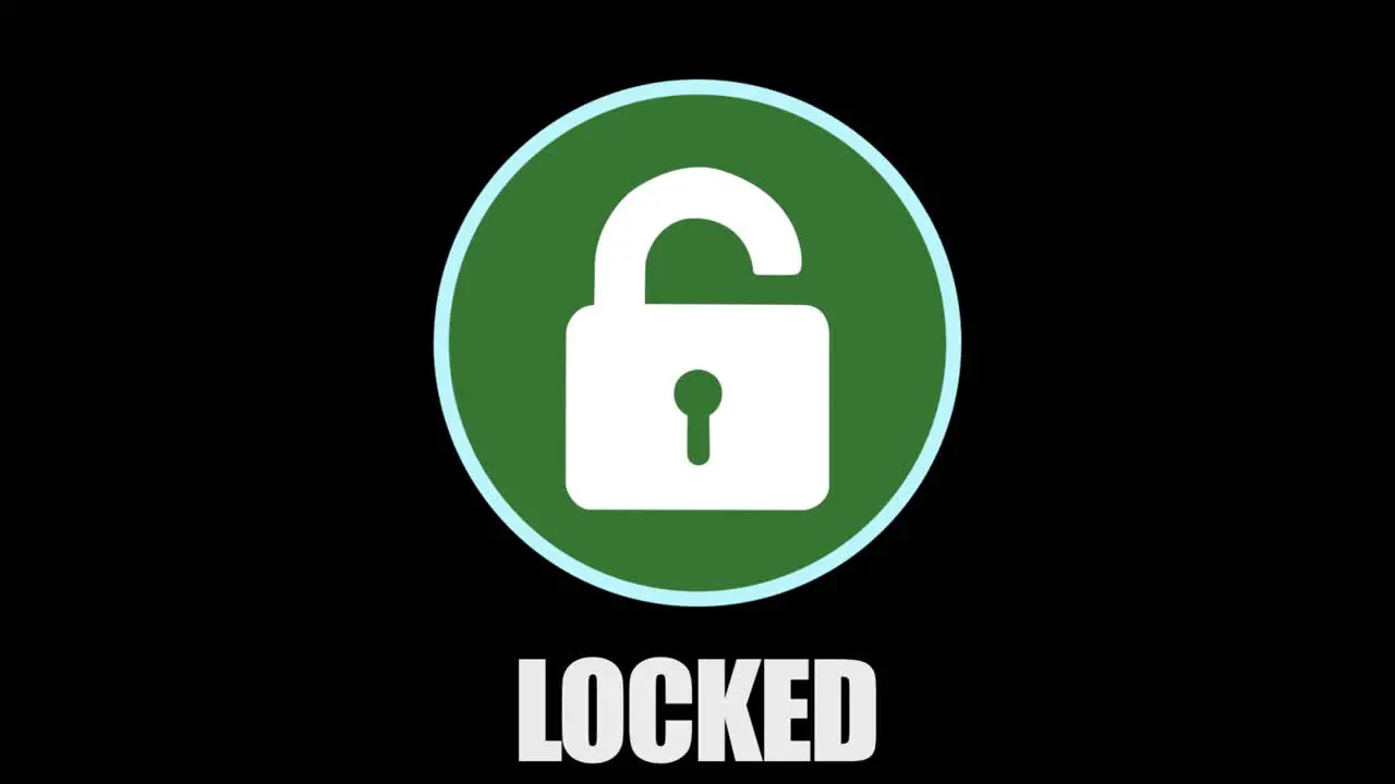 Clever motion graphic element of a circular system security logo with padlock being hacked and unlocked turning from red to green with locked unlocked text on a black background