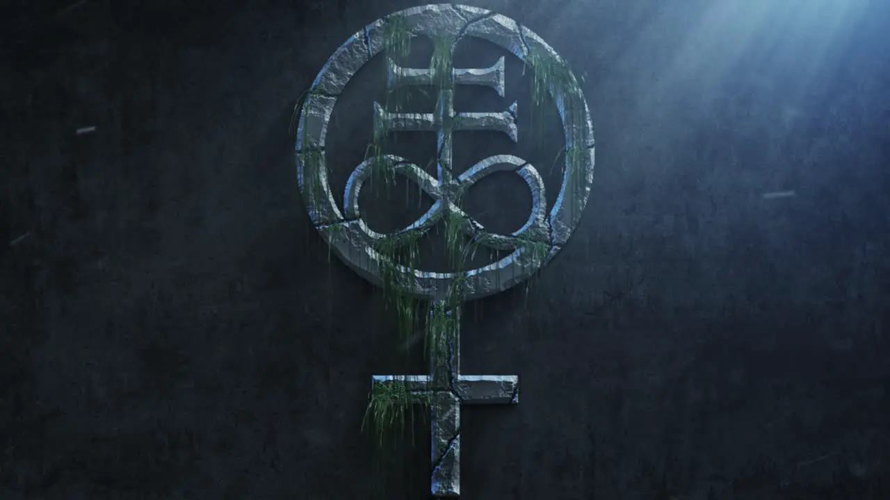 High quality dramatic motion graphic of a Pagan Leviathan cross and symbol rapidly eroding cracking and sprouting moss and weeds with atmospheric light rays and dust motes