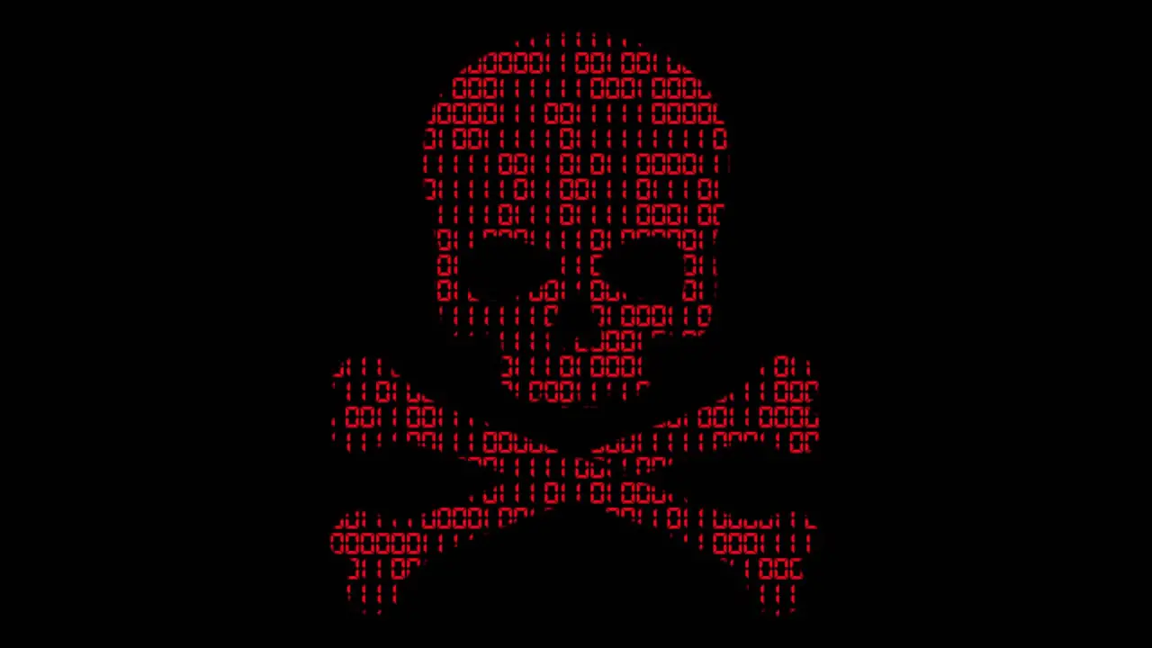 High tech motion graphic with animated binary code theme with red high tech hacker style skull and crossbones motif on a black background