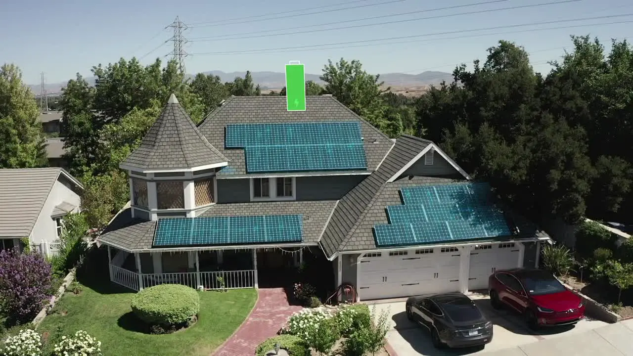 Solar house generating electricity for EV and home consumption VFX animation