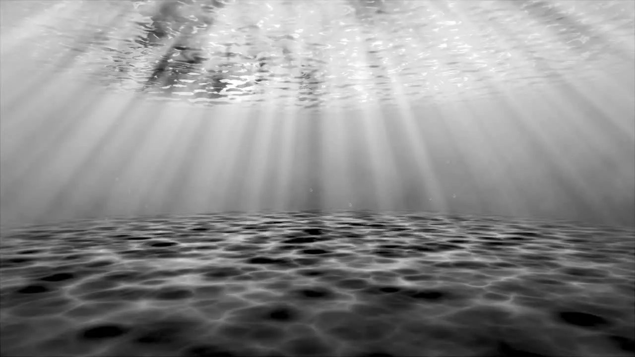 Underwater ocean sandy seafloor 3D animation motion graphics reflection sun rays on sandbar visual effect background black grey