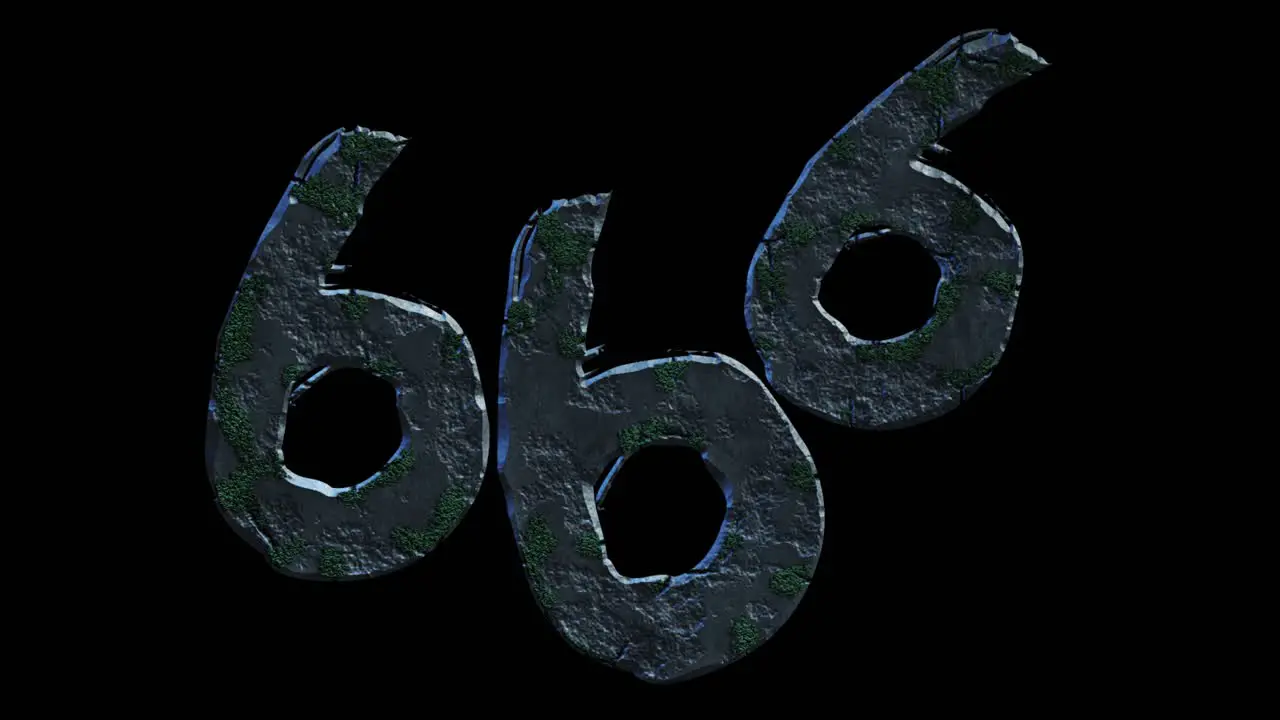 High quality dramatic motion graphic of the devil's 666 symbol rapidly eroding and cracking and sprouting moss and weeds on a plain black background