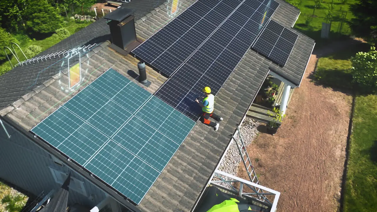 Engineer testing and adjusting solar panels on a house roof CGI render