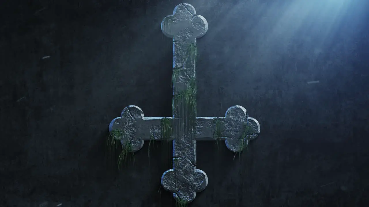 High quality dramatic motion graphic of an ornate Satanic inverted crucifix icon symbol rapidly eroding and cracking and sprouting moss and weeds with atmospheric light rays and dust motes