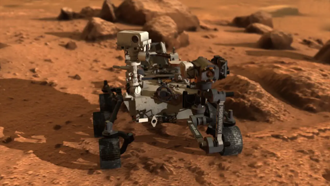 High quality 3D CGI animated render of the Mars Perseverance rover on the rocky surface of the planet Mars starting from a high angle and pushing in close