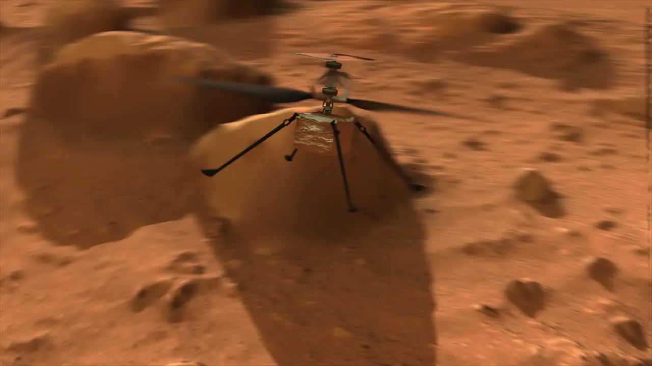 High quality rendered 3D CGI animation simulation of an rapid orbiting shot of the Ingenuity drone helicopter hovering over the surface of the planet Mars