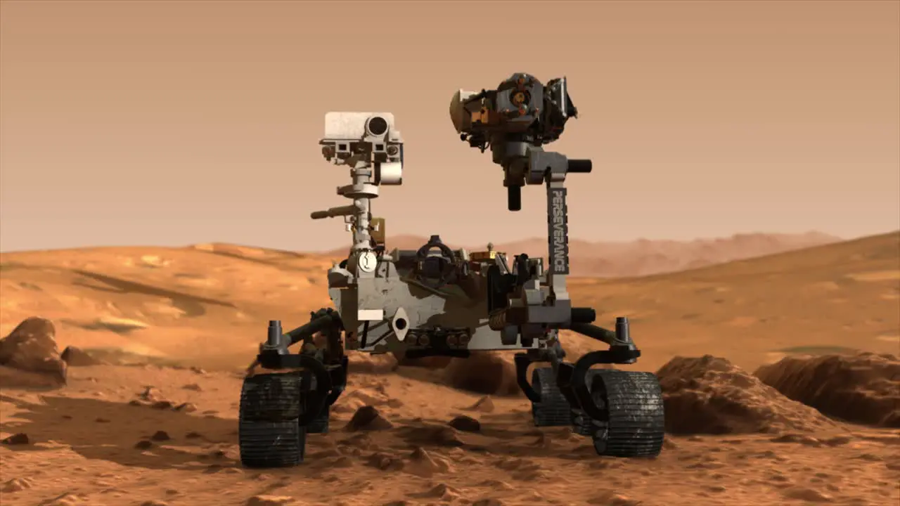 High quality 3D CGI animated render of a smooth dolly shot of the Mars Perseverance rover on the rocky surface of the planet Mars