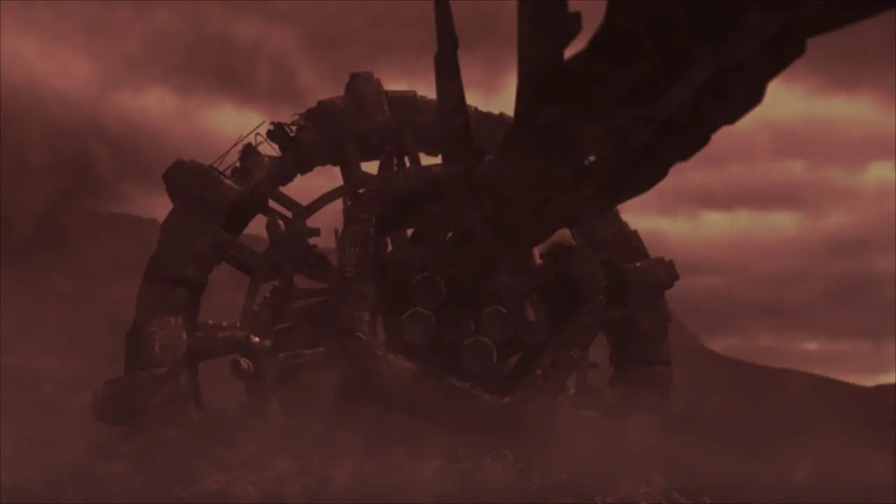 Cinematic shot of a stormy ancient alien crash site with a smooth descending shot of a vast hulk of a derelict space ship with wreckage through an electrical silicate storm red color scheme