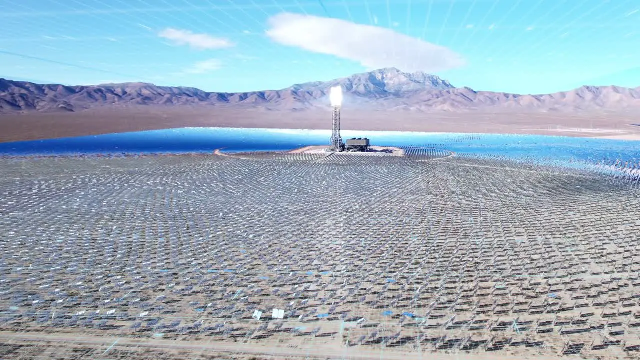 Central solar-thermal tower absorbing sunlight energy to generate electricity aerial view