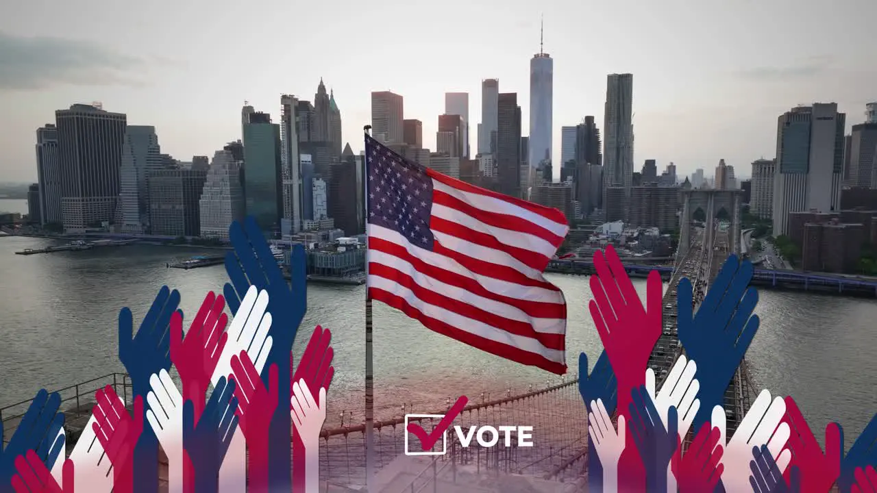 Animated hands and vote checkbox on drone shot of American flag flying on Brooklyn Bridge with view of Lower Manhattan New York City