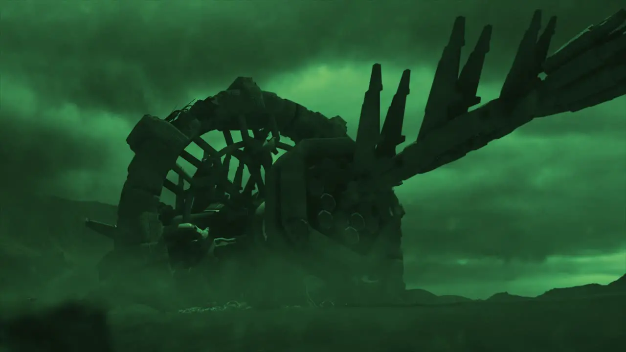 Cinematic shot of a stormy ancient alien crash site with a smooth dolly shot of a vast hulk of a derelict space ship with wreckage through an electrical silicate storm green color scheme