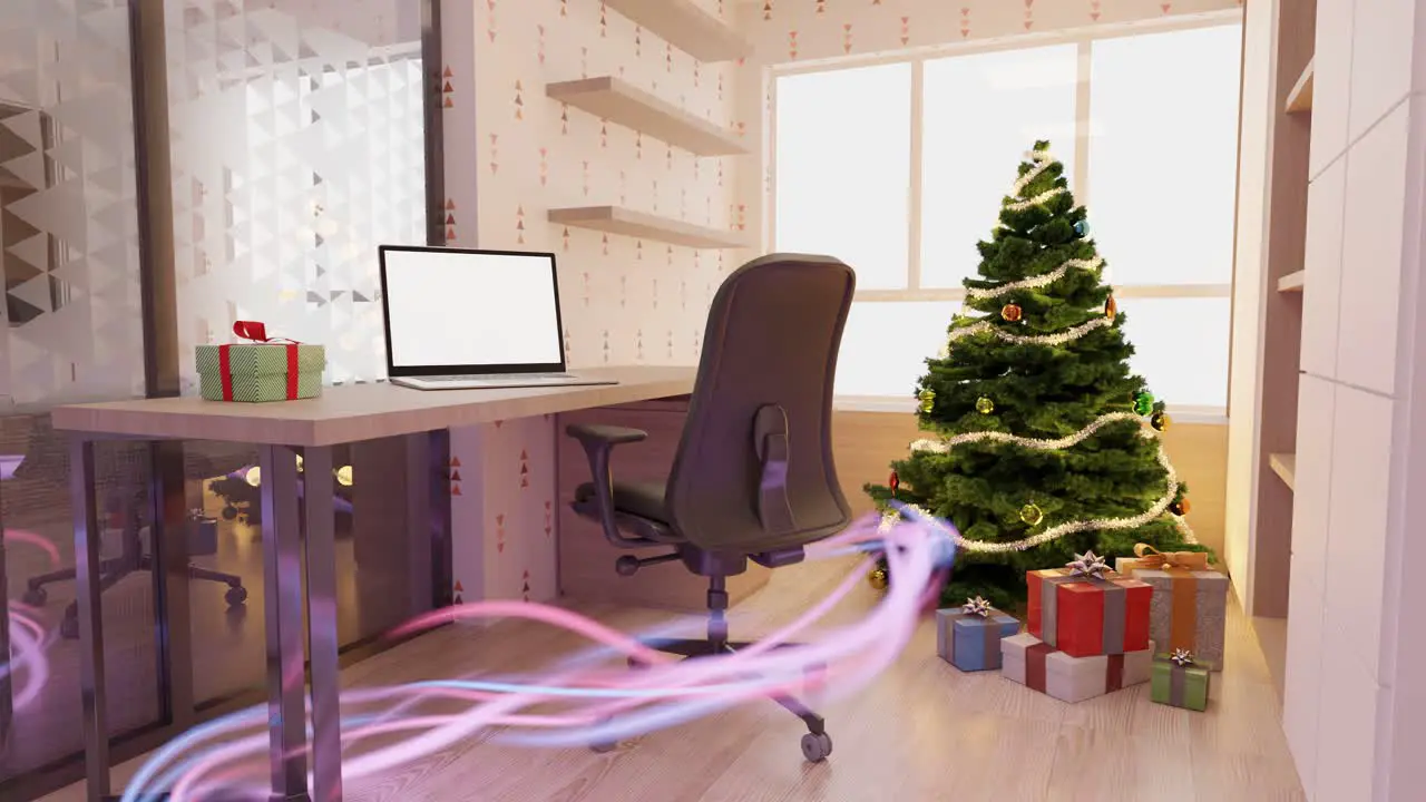 Modern home office with a computer and Christmas decorations 3D Interior design