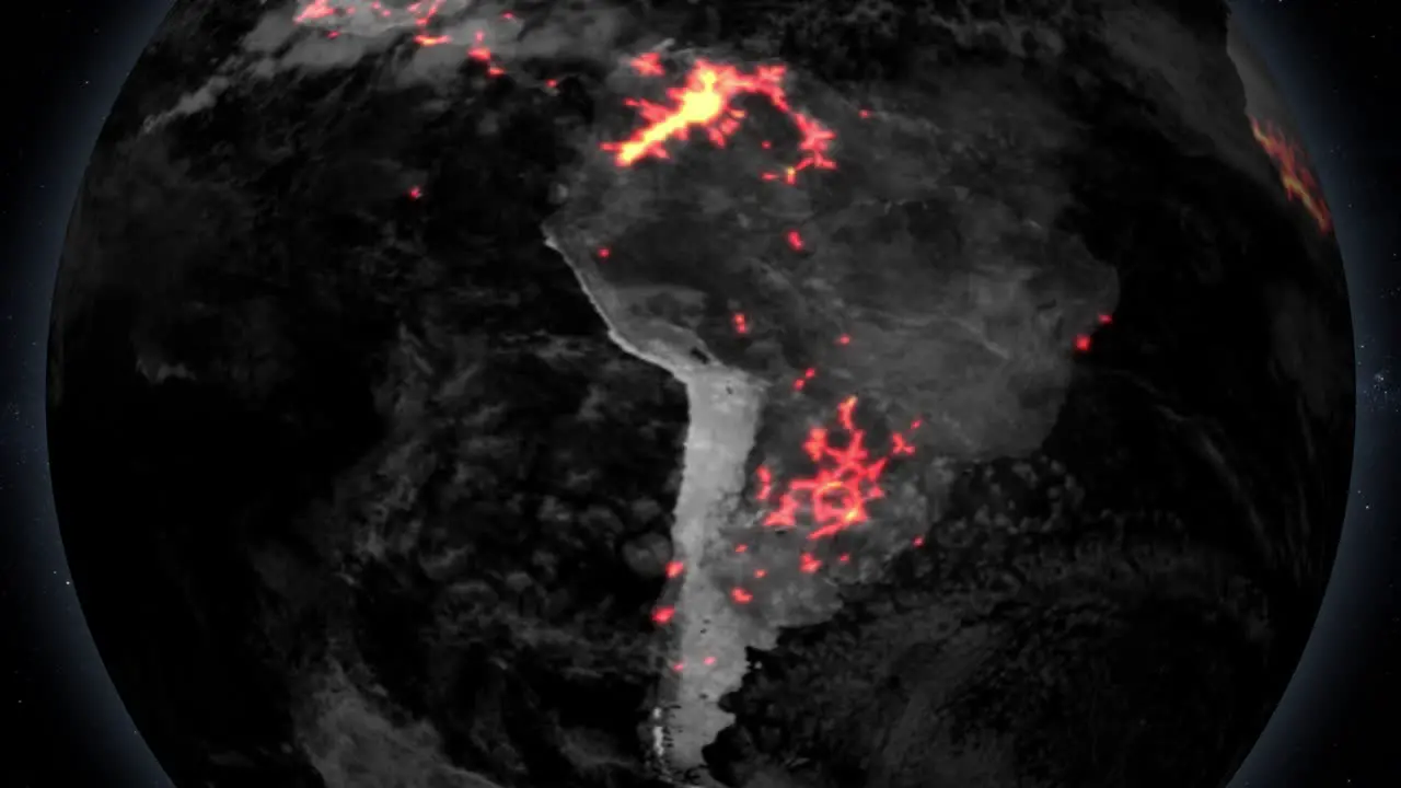 Yearly forest fire data animated on the map of South America CGI animation