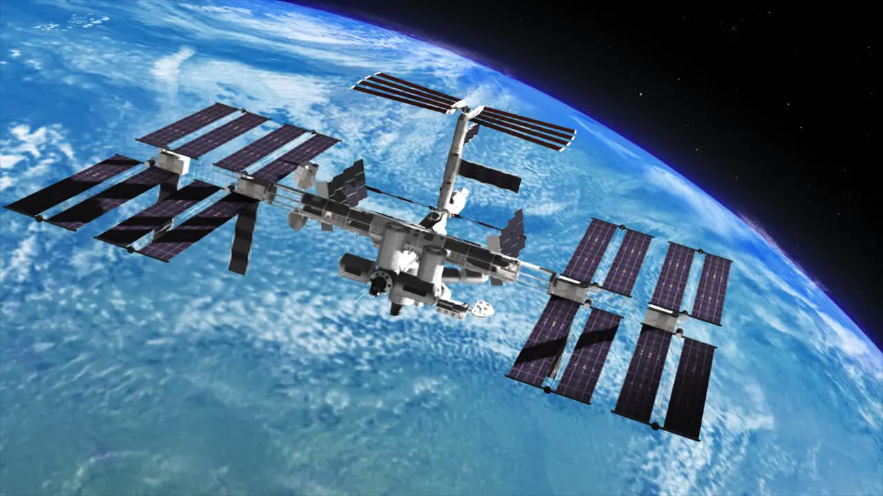 Highly detailed 3D VFX shot of the International Space Station orbiting the Earth far below as it rotates slowly in space