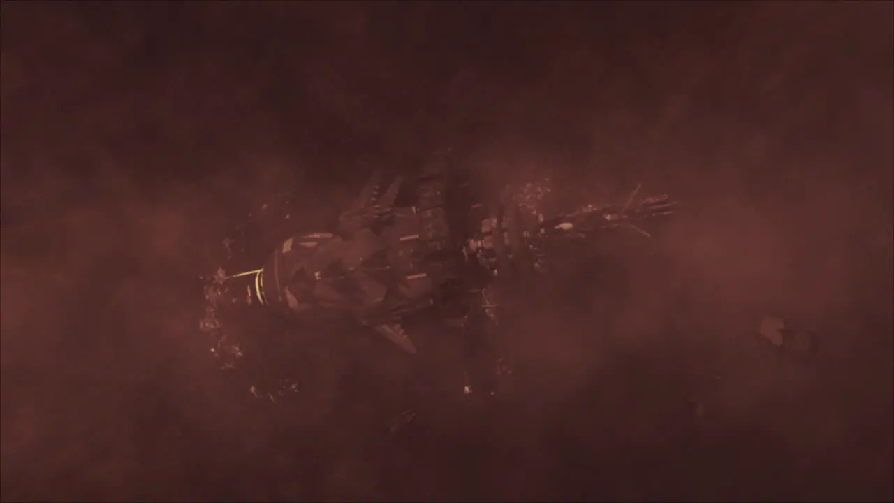 Cinematic aerial rotating shot of a stormy ancient alien crash site over the vast hulk of a derelict space ship with wreckage through an electrical silicate storm red color scheme