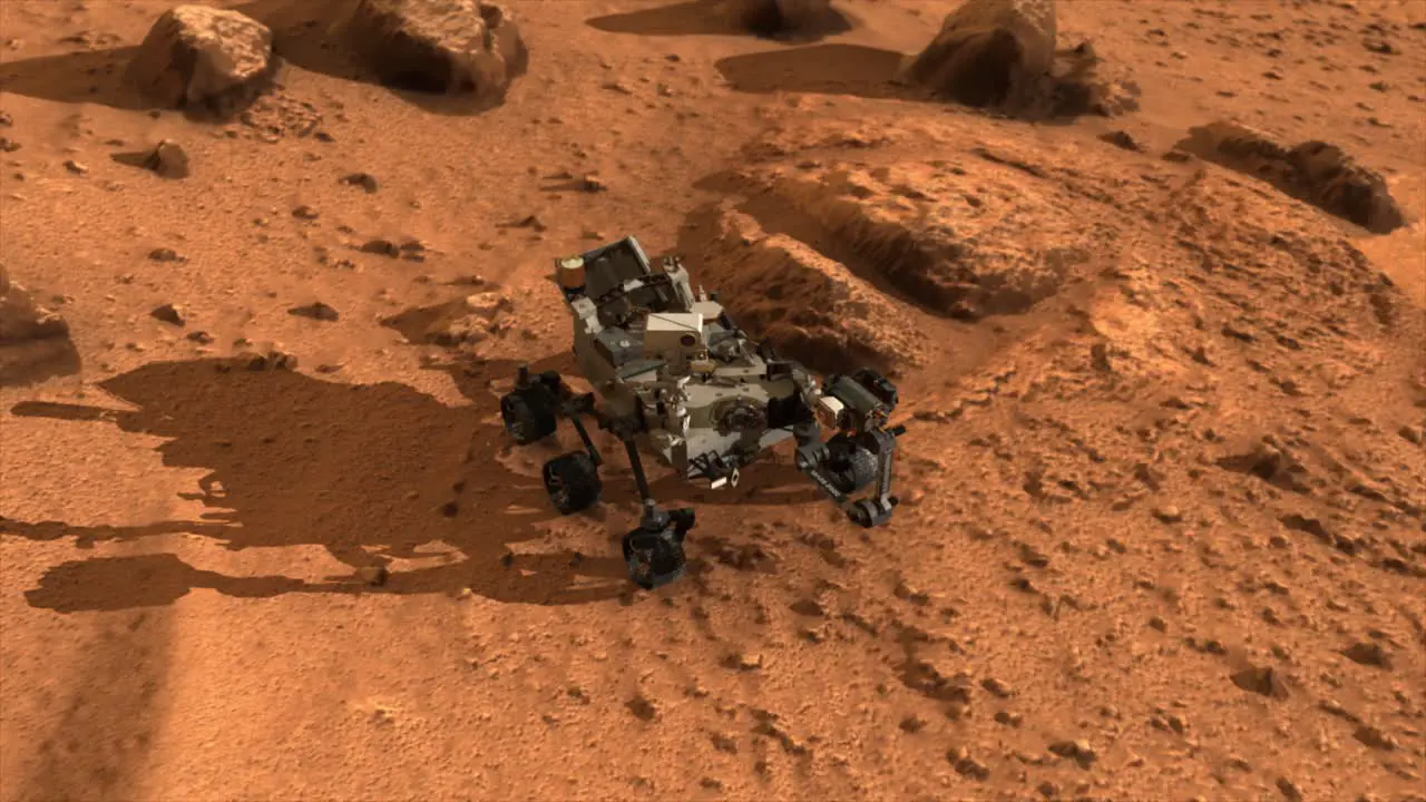 High quality 3D CGI animated render of the Mars Perseverance rover on the rocky surface of the planet Mars starting with a close-up shot and rising to a high angle