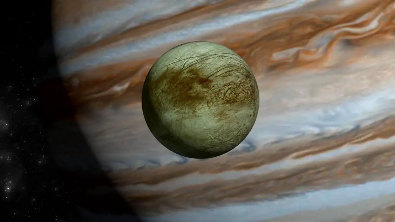 Beautifully detailed 3D CGI space scene approaching Jupiter�s moon Europa with the huge impressive shape of Jupiter in the background