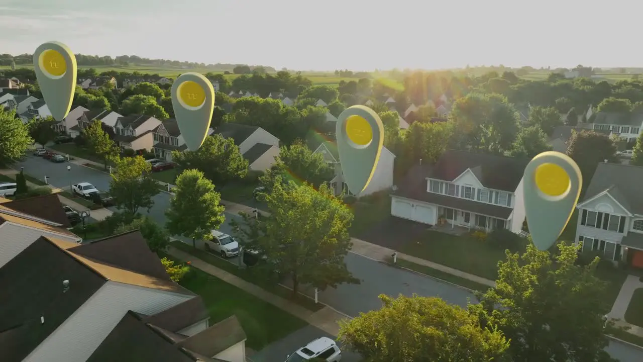 American suburb with floating real estate map pins above houses in morning light