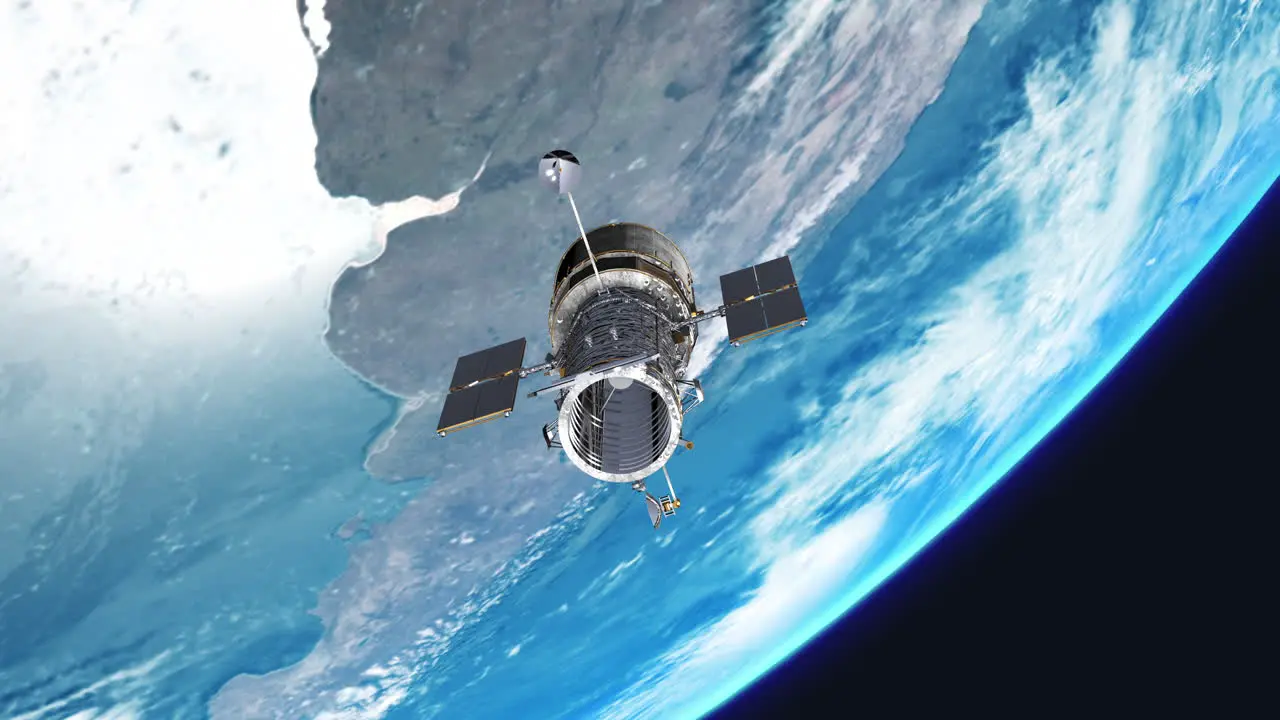 Hubble Space Telescope Aligning to Take Photos of Universe High Above Earth Atmosphere Realistic 3D CGI Animation 4K