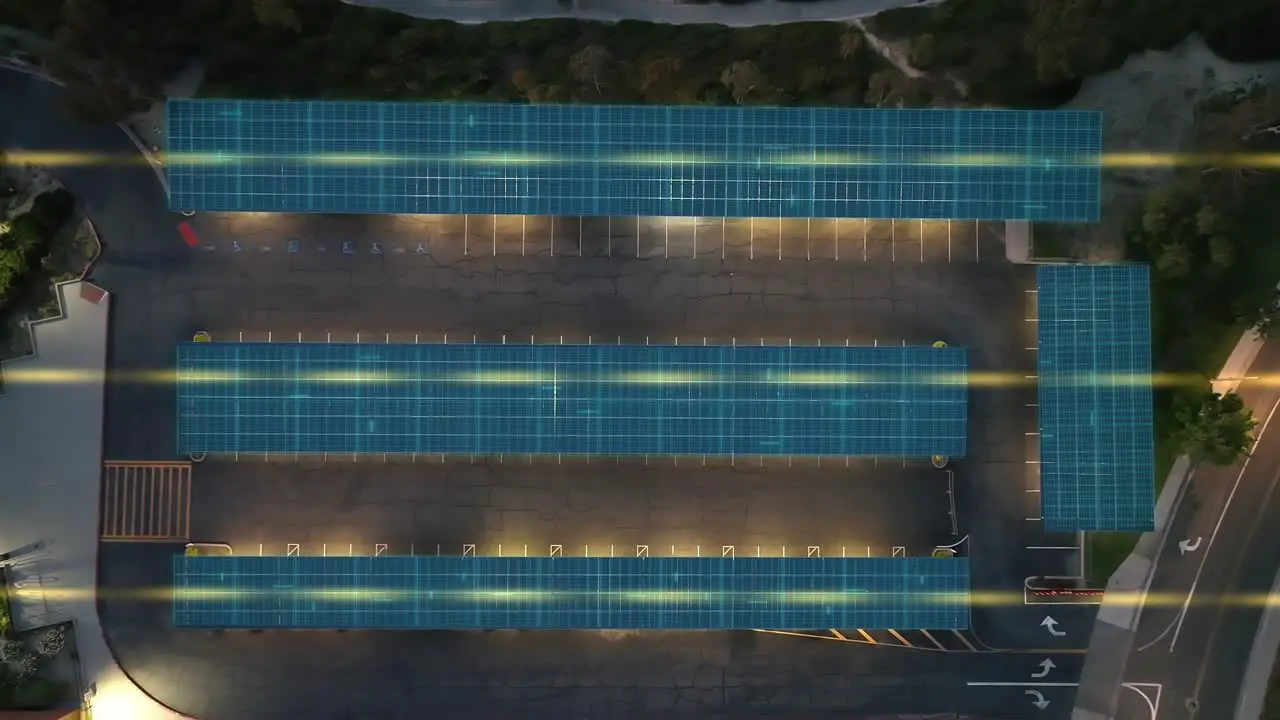 Solar cells using generated power to charge cars and to illuminate a parking canopy aerial of VFX graphic overlay