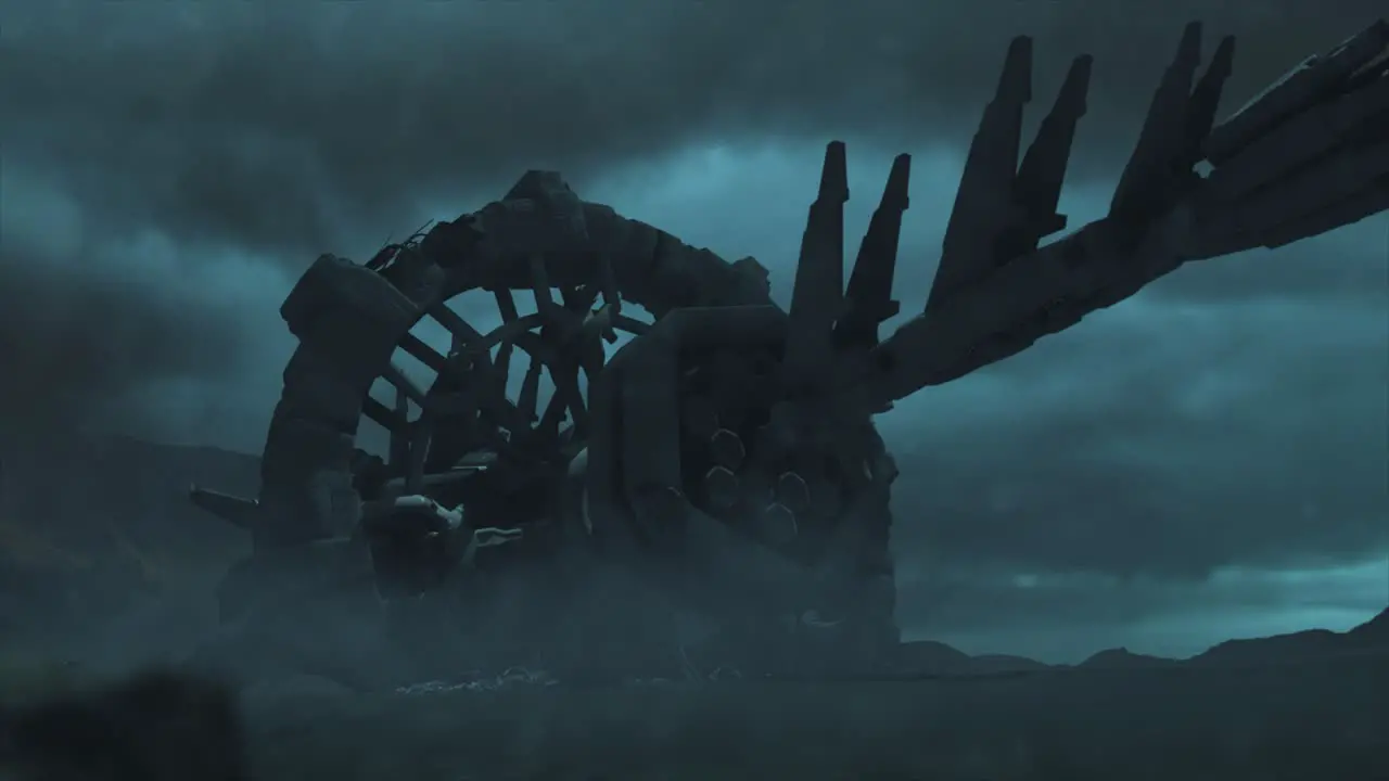 Cinematic shot of a stormy ancient alien crash site with a smooth dolly shot of a vast hulk of a derelict space ship with wreckage through an electrical silicate storm teal color scheme