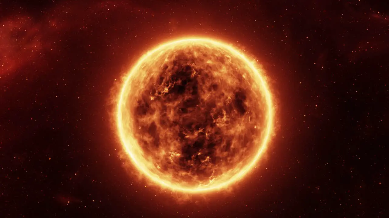 Highly detailed 3D VFX render of the whole of the Sun with high energy solar storms and coronal mass ejections