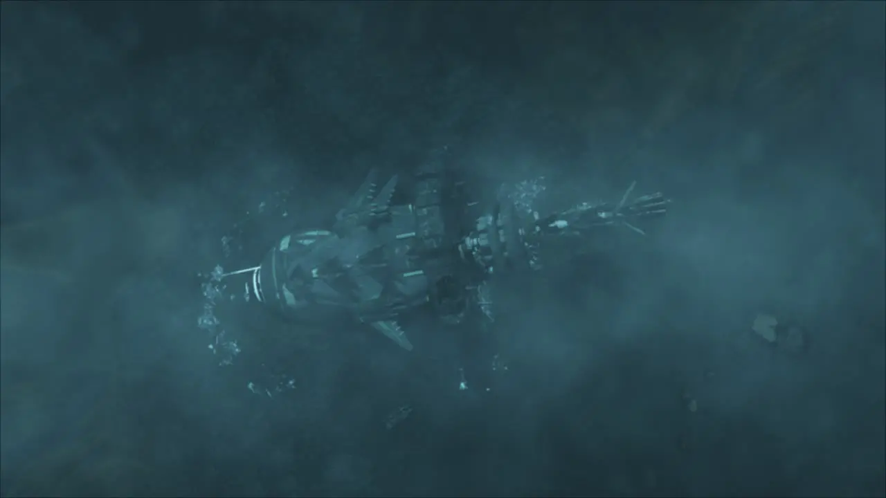 Cinematic aerial rotating shot of a stormy ancient alien crash site over the vast hulk of a derelict space ship with wreckage through an electrical silicate storm teal color scheme