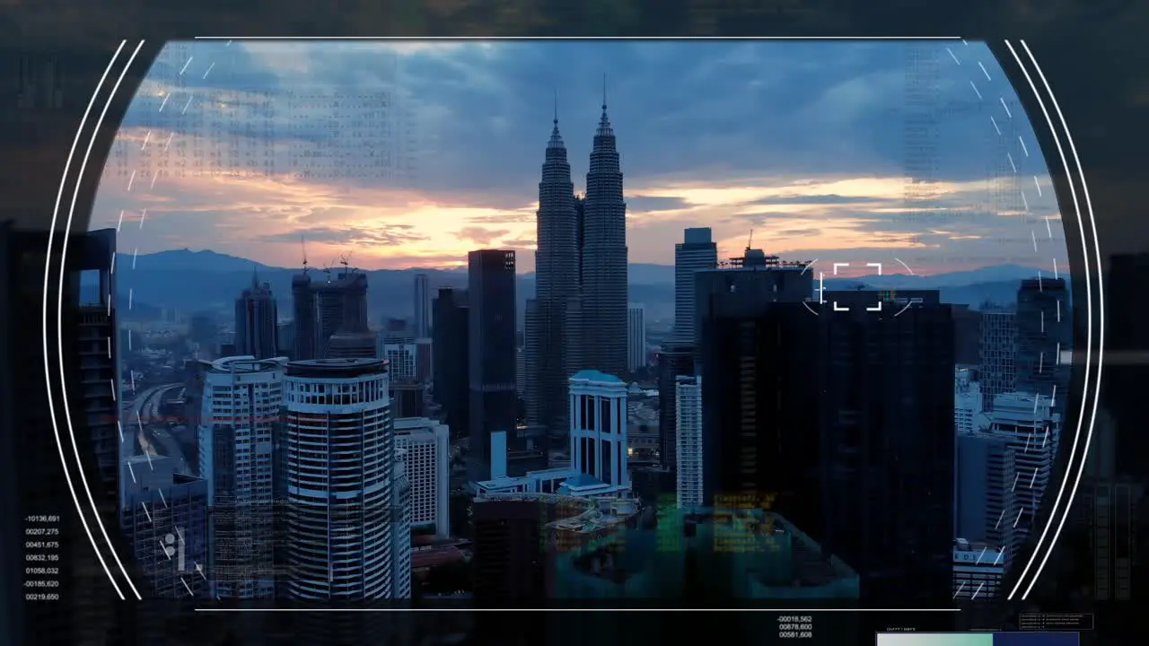 Spy HUD Over Kuala Lumpur Skyscrapers Petronas Towers Motion Design