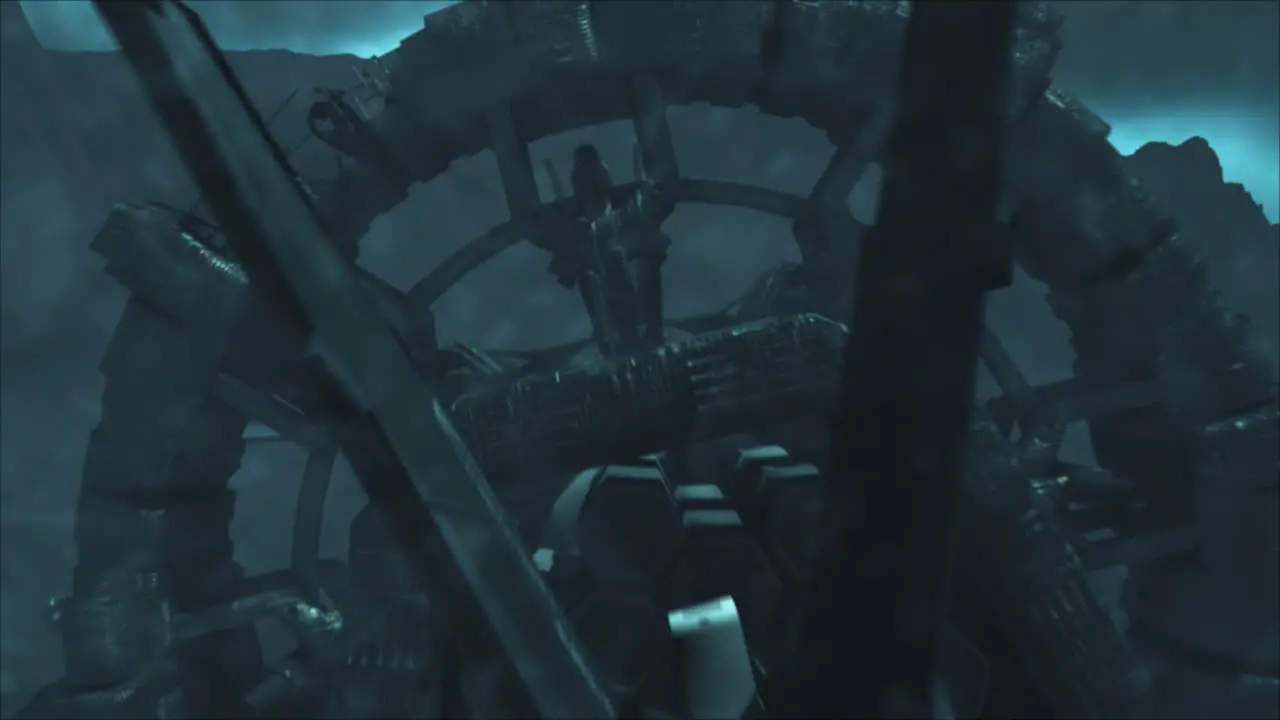 Cinematic flyover shot of a stormy mountainous alien crash site along the spine of a vast derelict space ship with wreckage through an electrical silicate storm teal color scheme